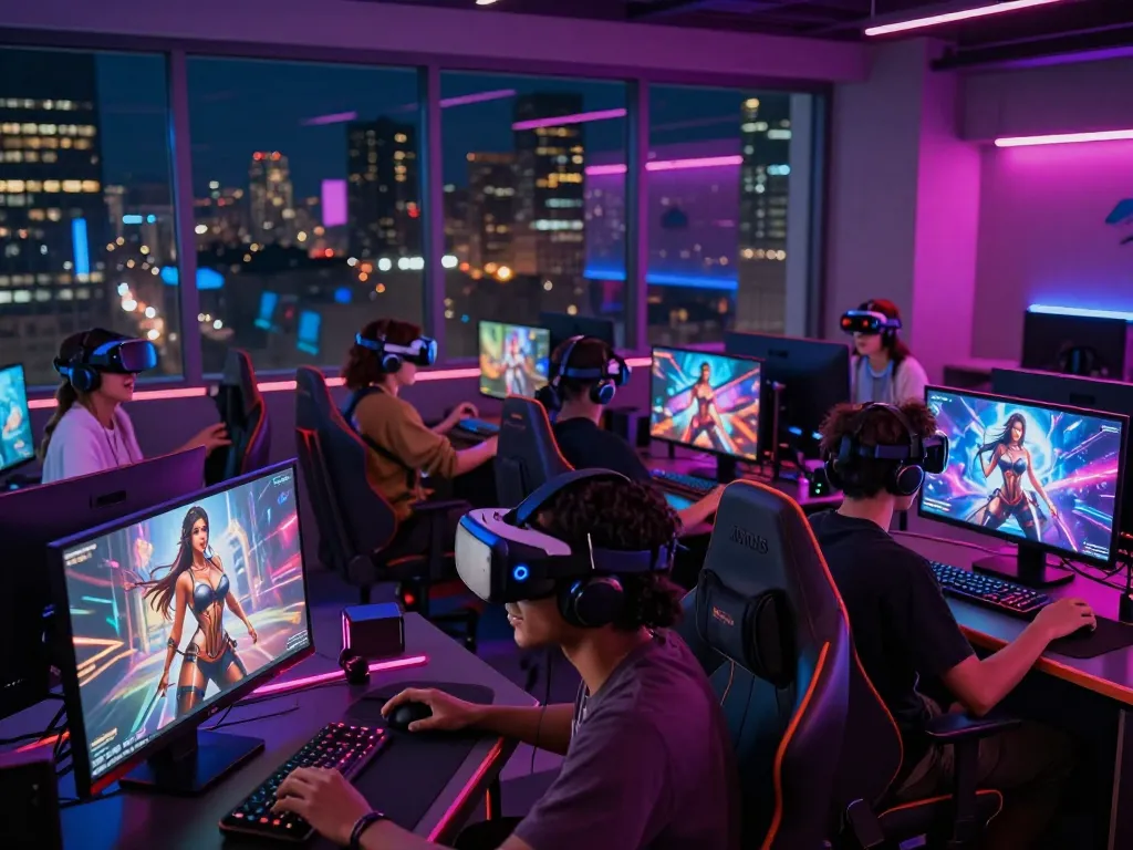 Gamers immersed in exciting porngame experiences within a vibrant digital environment.