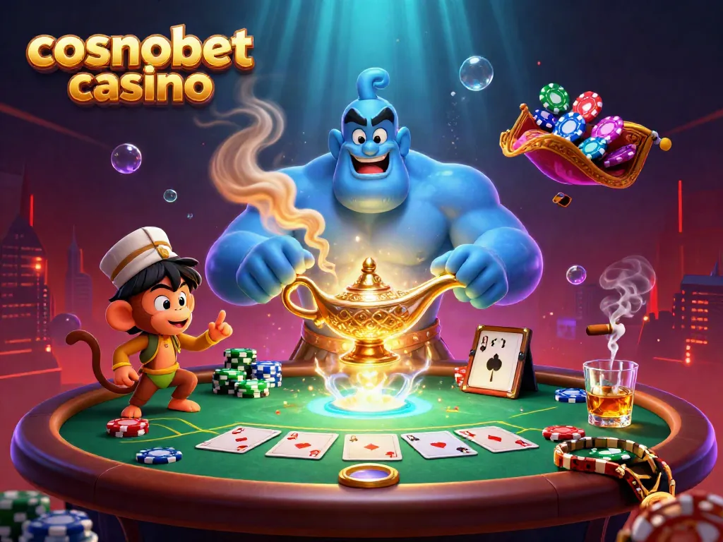 Engage with cosmobet casino's vibrant 3D illustration of a genie and poker elements, showcasing casino excitement.