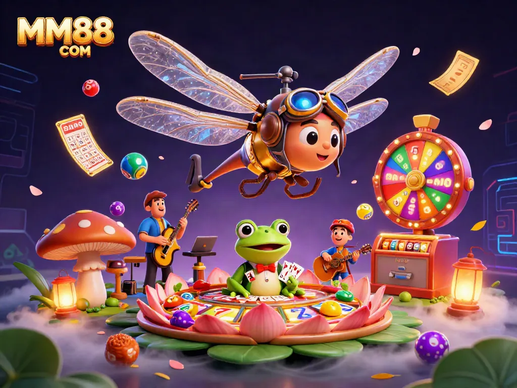 Play slots and win big at MM88 COM in a vibrant casino scene with a dragonfly pilot.