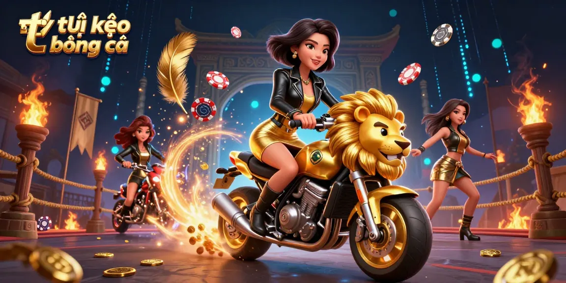 Experience thrilling tỷ lệ kèo bóng đá with a glamorous woman riding a golden lion, amidst a dynamic casino scene.