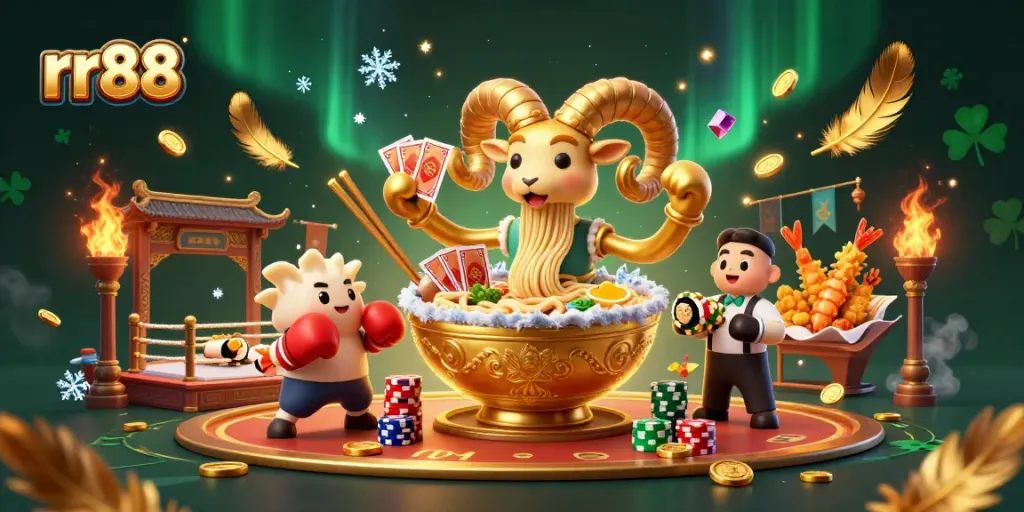 Engage with rr88 in an immersive casino scene featuring a giant ramen bowl dealer and unique game elements.
