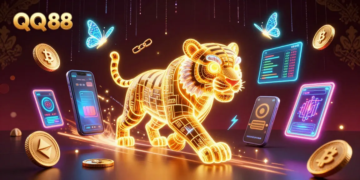 Experience the thrill with QQ 88 in a vibrant casino scene featuring a glowing tiger and crypto elements.