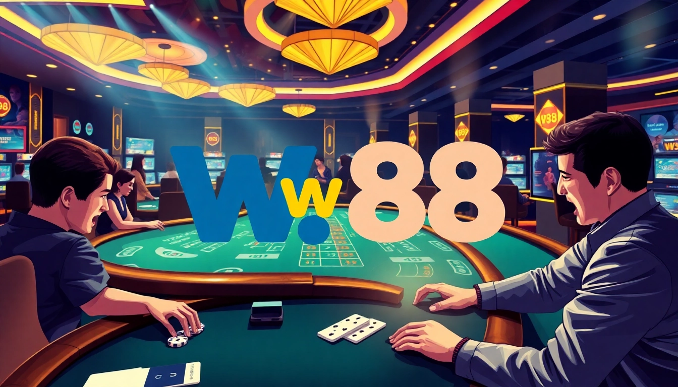 W88.nyc online casino scene with players at a Baccarat table, excitement and luxury depicted.