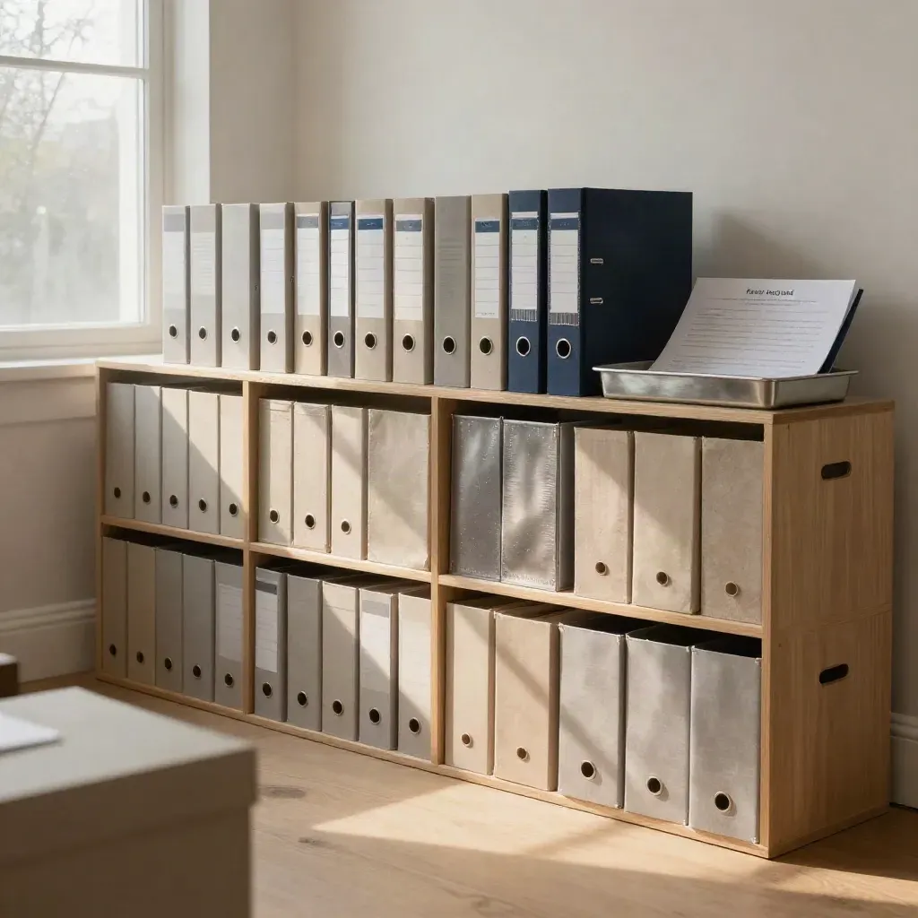 Floor-level archive wall of boxes, binders and trays in dawn mist with navy accents.