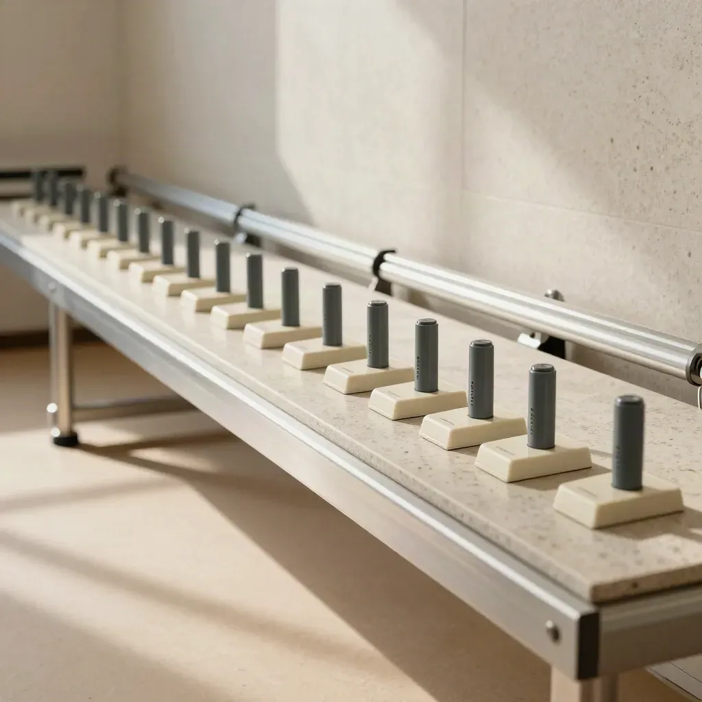 Project control trays and magnetic markers moving into sequence on a travertine wall