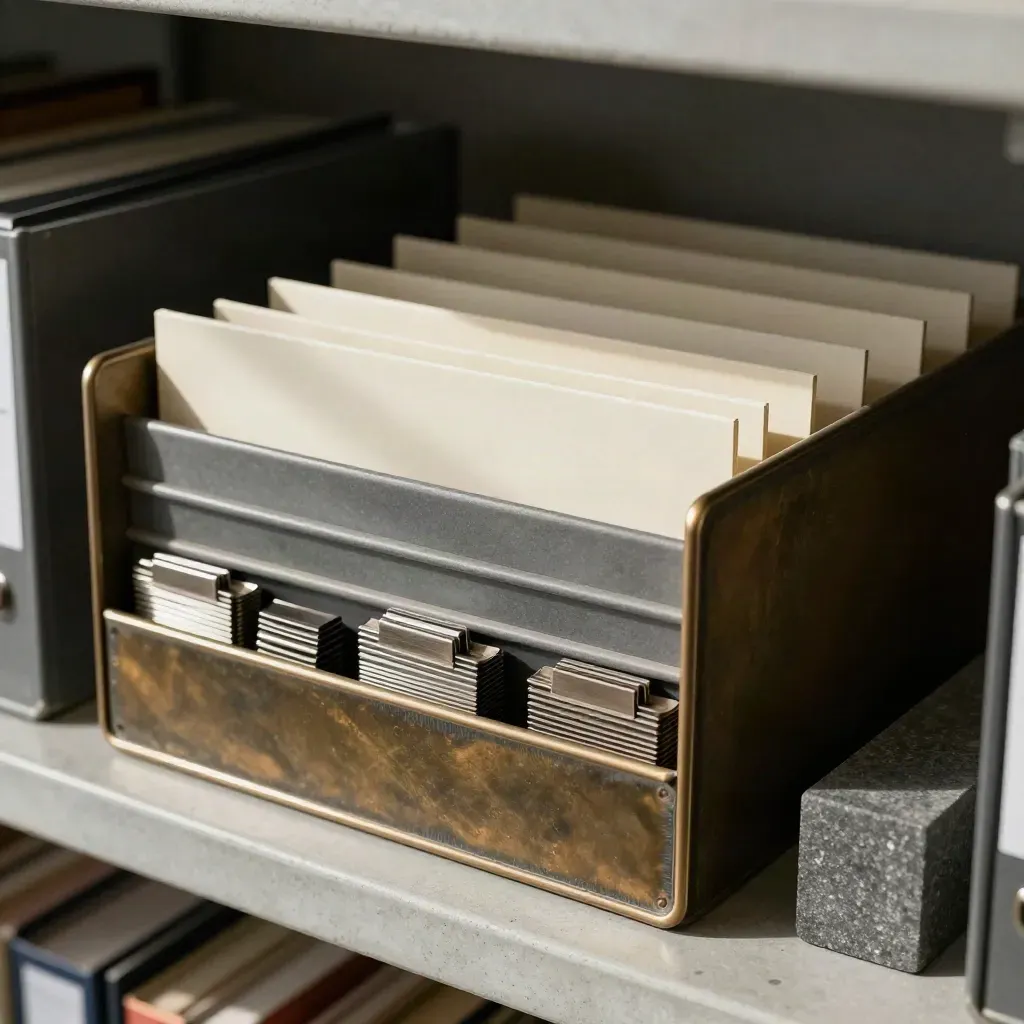 Archive trays, dividers, clips and a stone block arranged in a tense audit still life.
