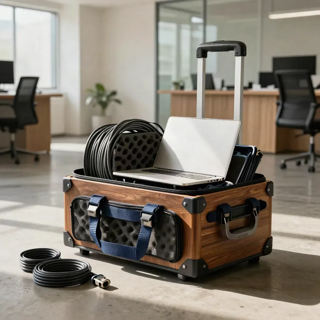 Open rollout crate with cables, adapters, foam inserts and a closed laptop on a bright office floor.