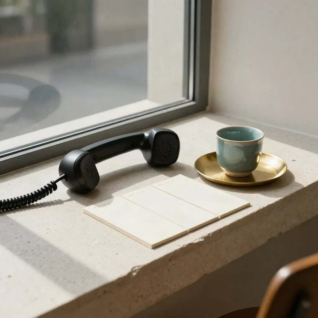Stone ledge with a handset, blank cards, ceramic cup and brass tray in soft daylight.