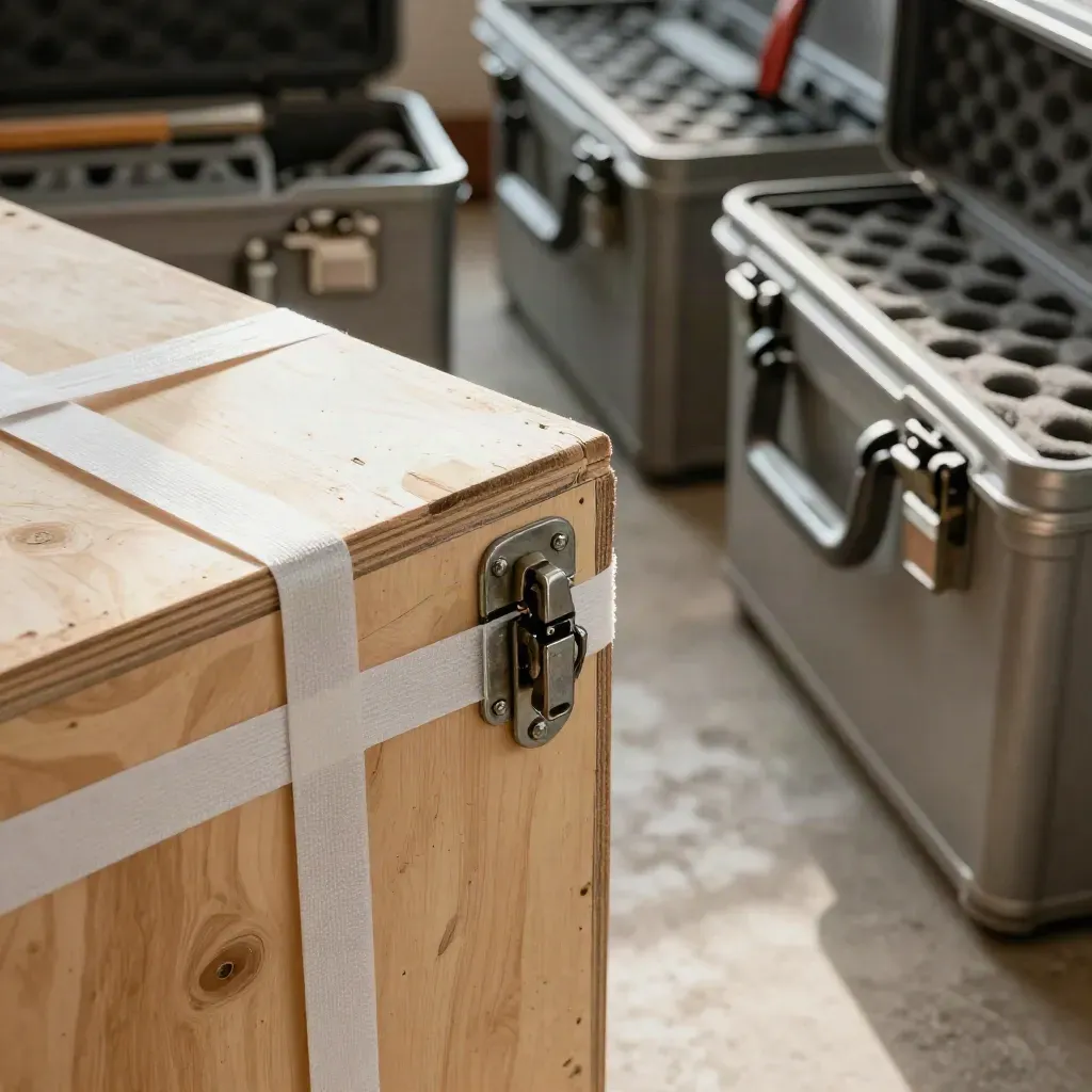 Sealed crates, aligned tool cases and a pale route lane in a warm trade handover bay.