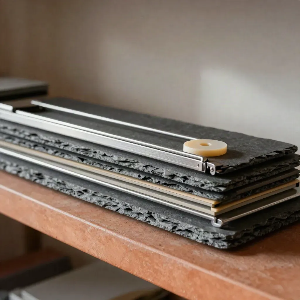 Slate trays and cable clips on a terracotta shelf, lit by a dramatic side beam.