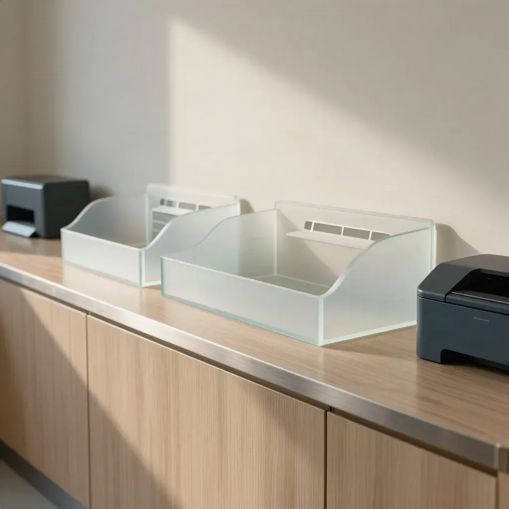 Empty clinic admin counter with tidy trays and open pass-through lanes in soft daylight