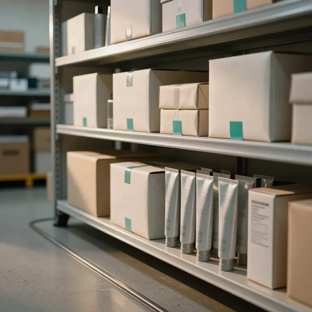 Agency dispatch shelf with courier tubes, presentation boxes and a diagonal pickup lane in cool evening light.