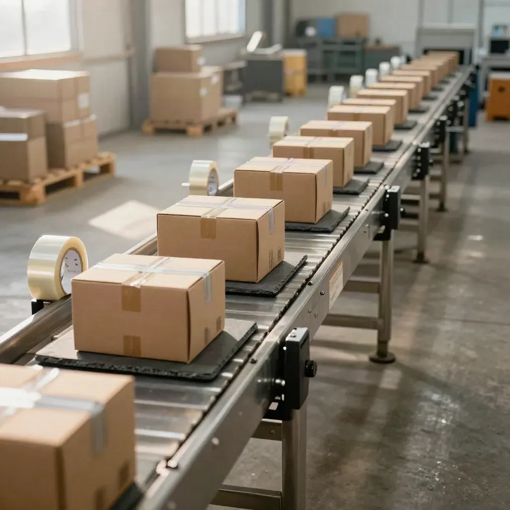 Warehouse packing line of identical cartons, tape rolls and dispatch trays in soft daylight.