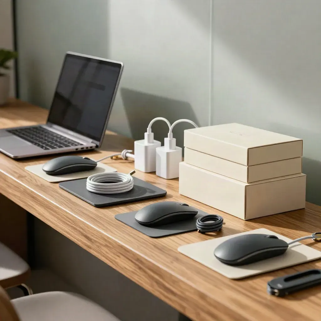 Stacked onboarding kits with closed laptops and charger coils on a moody office bench.