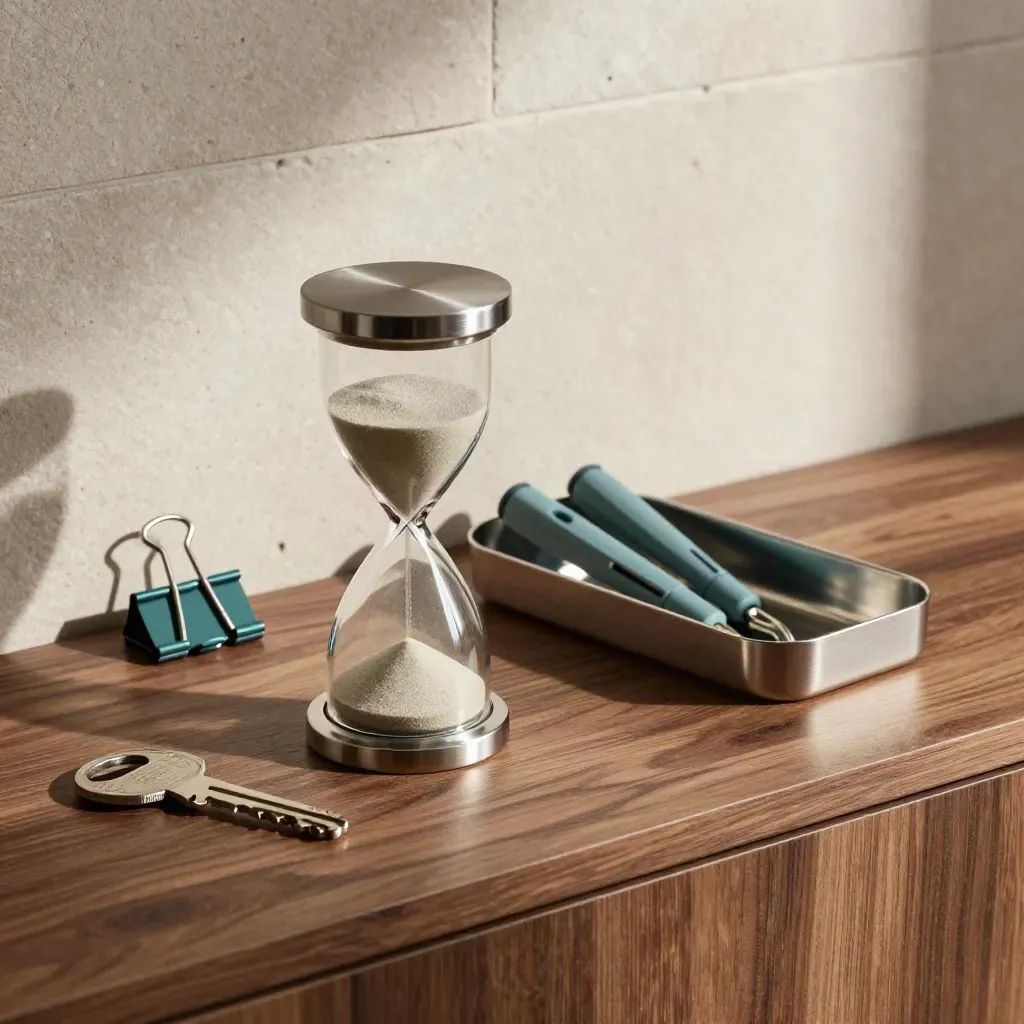 Stainless sand timer, steel clips, teal cable markers and route tray on a walnut service ledge