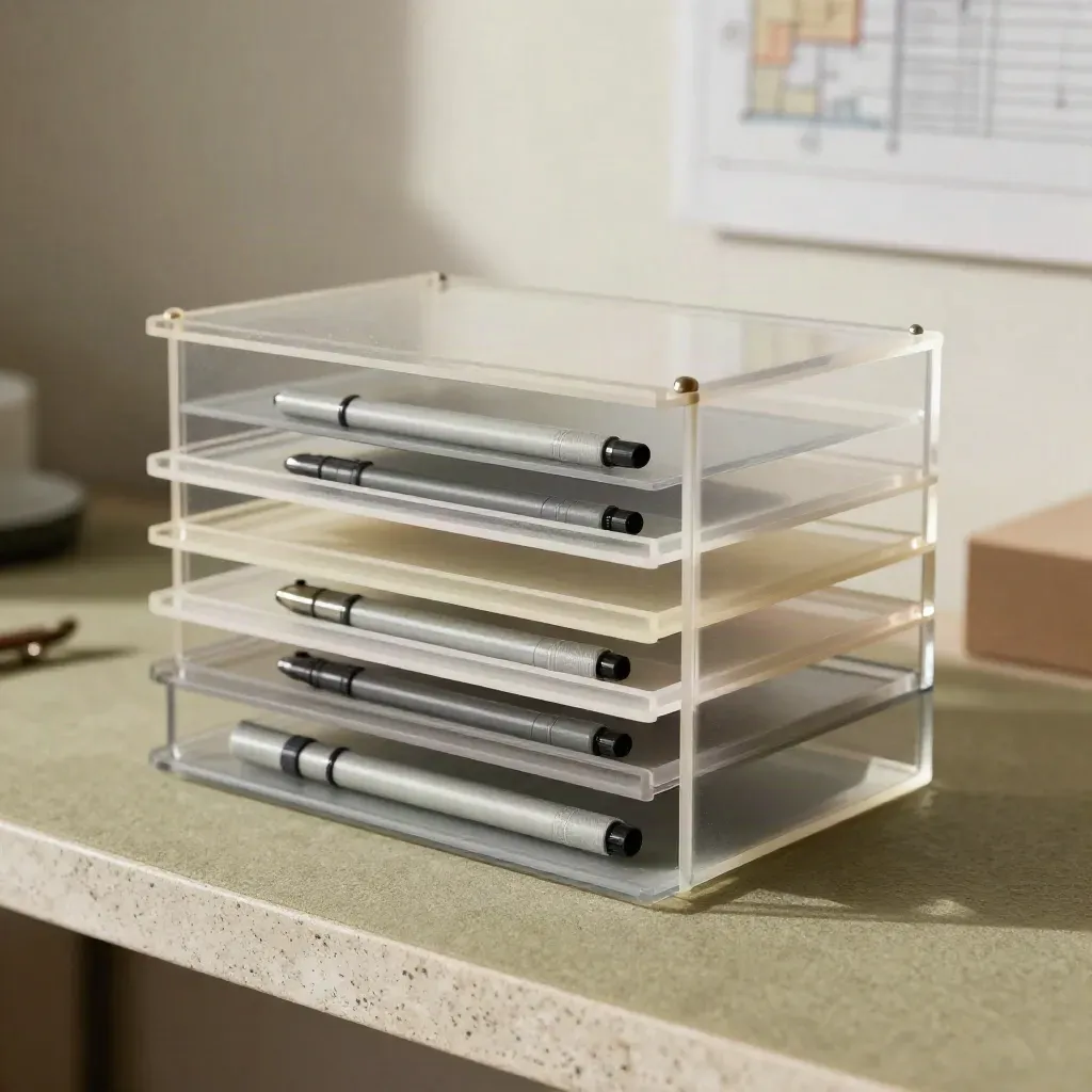 Acrylic workflow dividers and nested trays in a precise close-up under raking light.