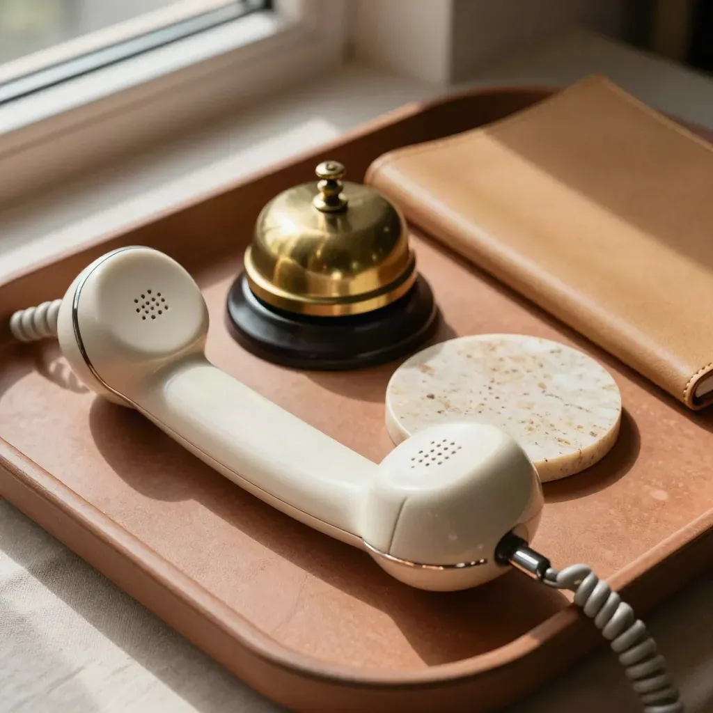 Client advisory tray with handset, call bell, stone coaster and folio on terracotta clay.