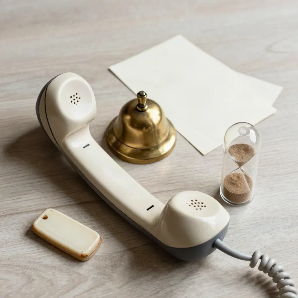 Overhead still life of handset, brass bell, sand timer and appointment token on pale wood.