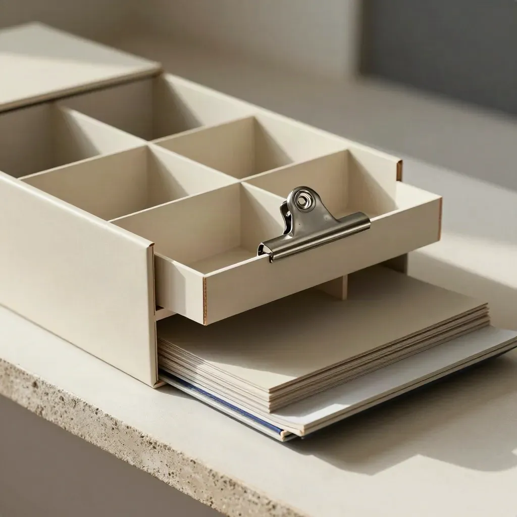 Open archive box with dividers and clips on a plaster ledge, lit softly from the side.