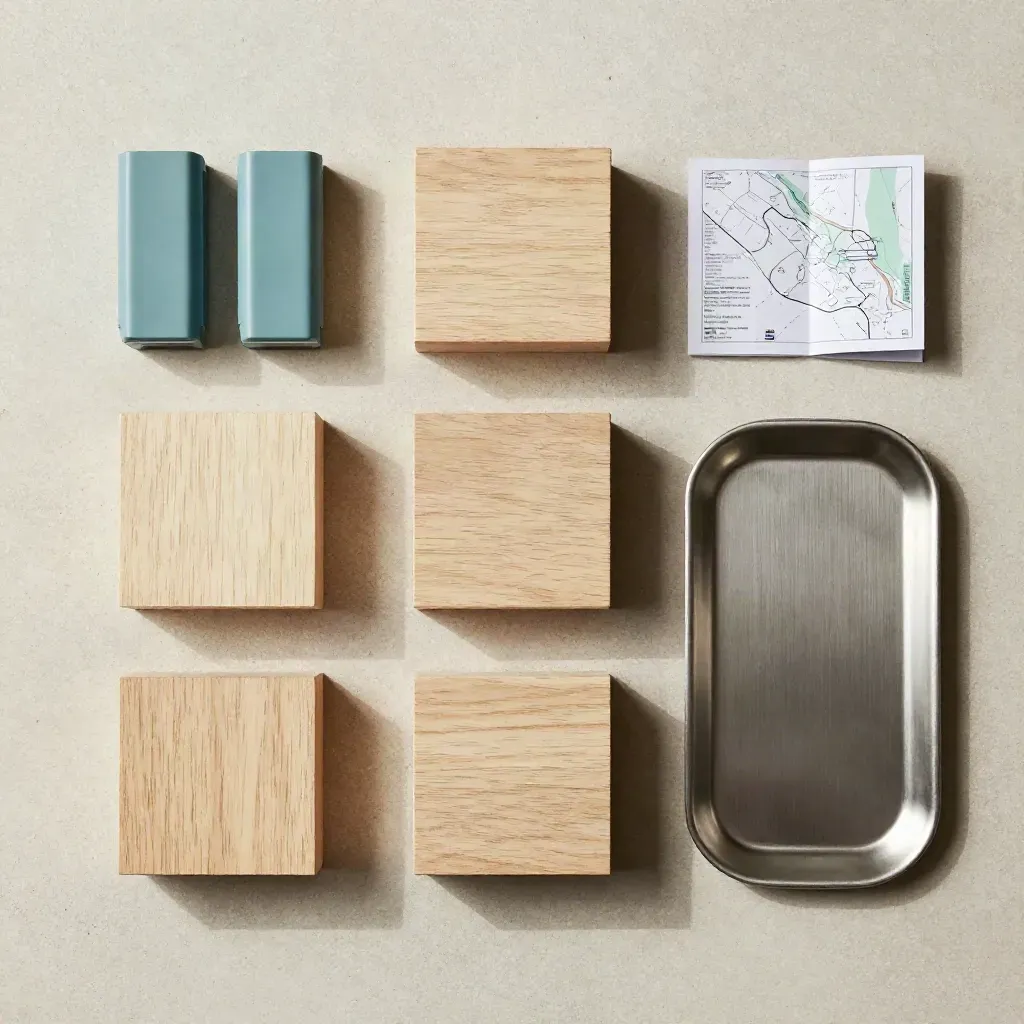 Oak blocks, teal markers and a route card on concrete, arranged as a process plan flatlay.