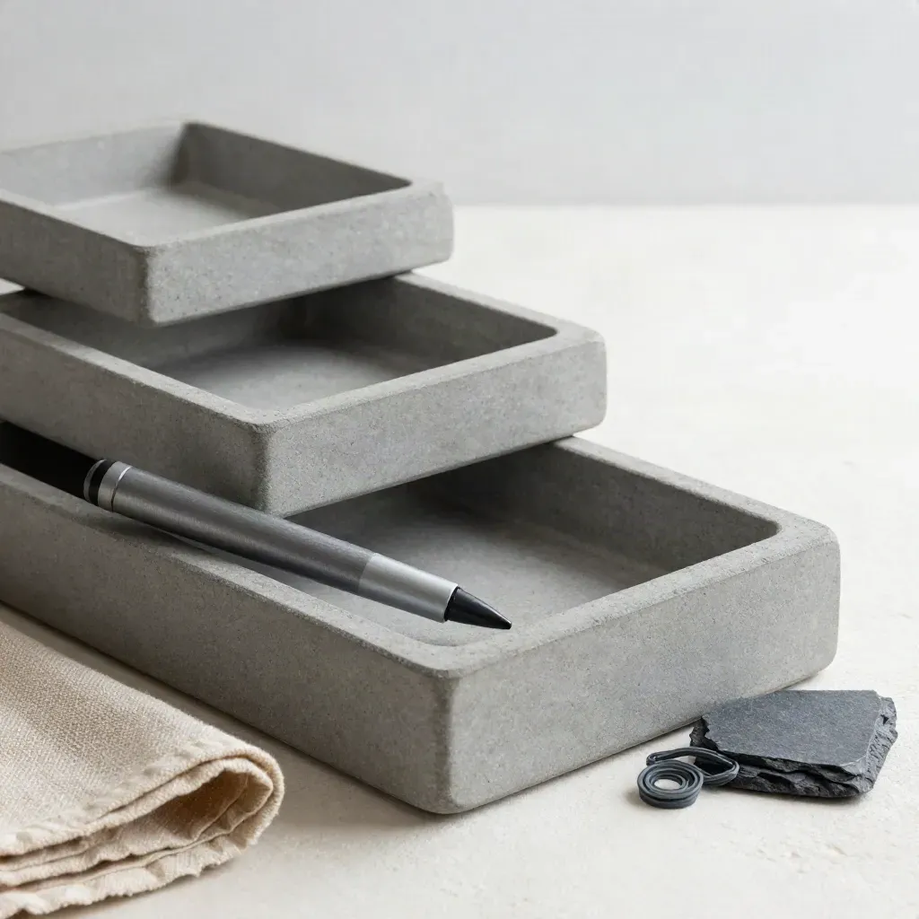 Stone workflow trays with a moving marker and elastic bands on a neutral surface.