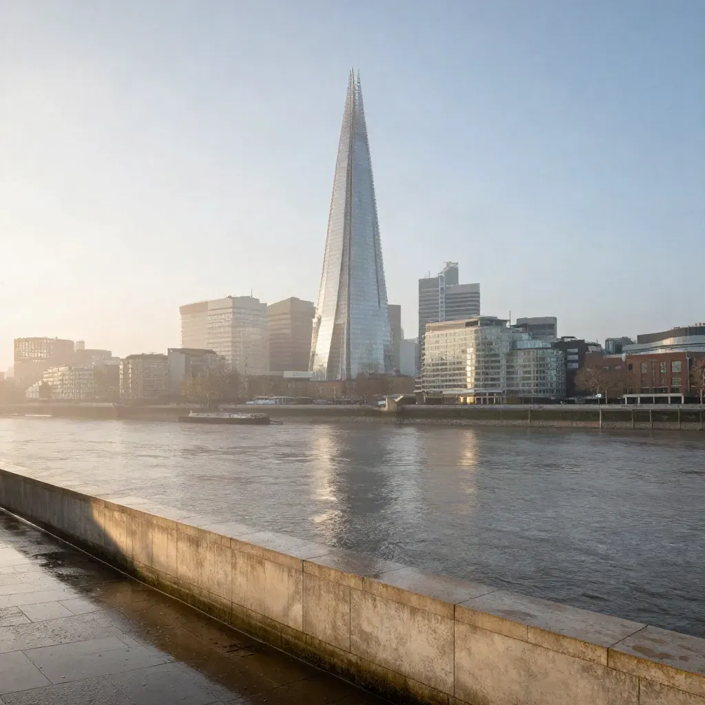 The Shard above a misty Thames bend at blue hour, calm open water below for copy
