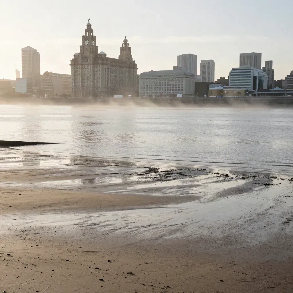 Liverpool waterfront in sea mist, skyline high above reflective Mersey flats at low tide