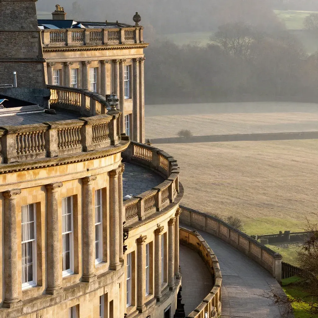 Bath stone terraces above a misty gorge, warm light and calm neutral space for copy.