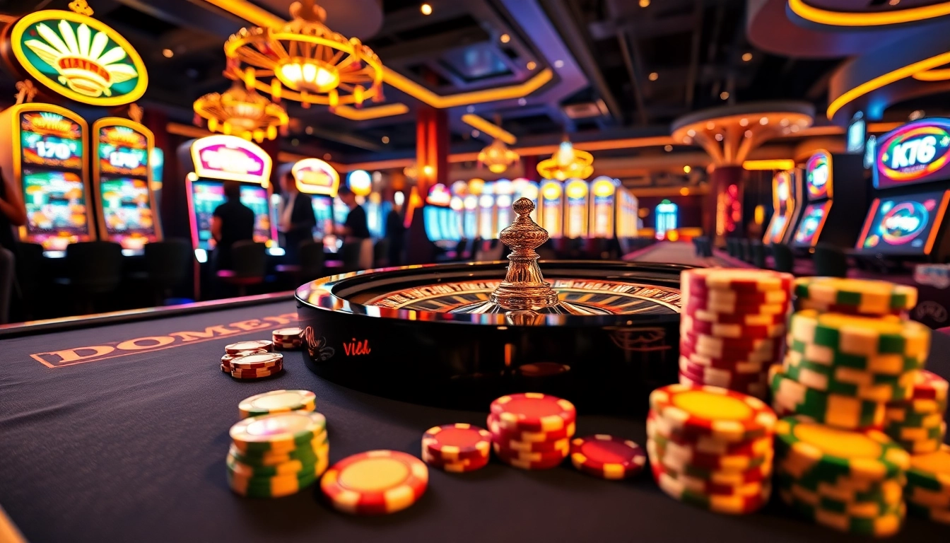 Experience high-stakes excitement at dom88.us.com with vibrant casino visuals featuring roulette and slots.