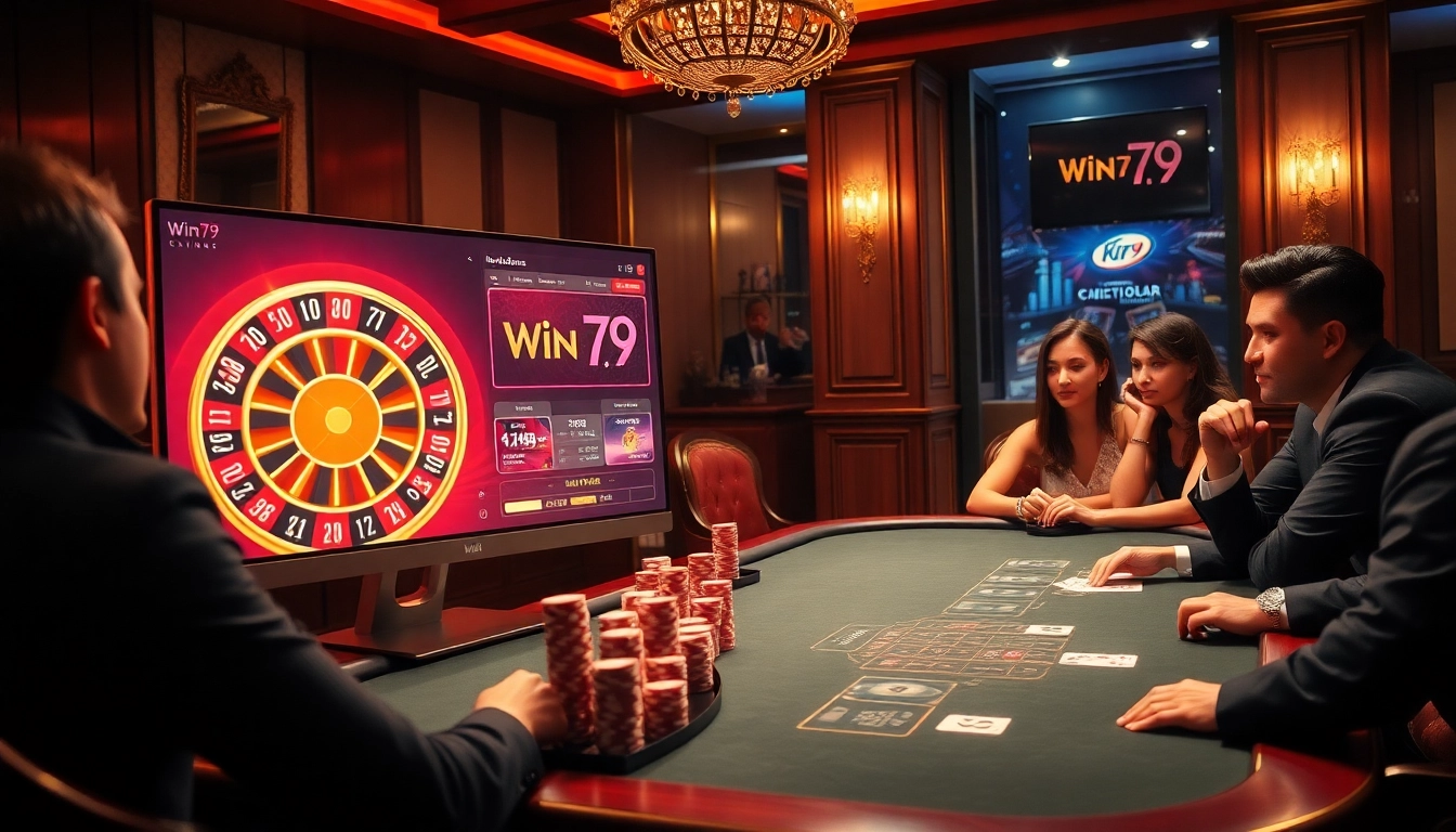 Experience thrilling gaming action at Win79 with stylish poker chips and an elegant roulette wheel.