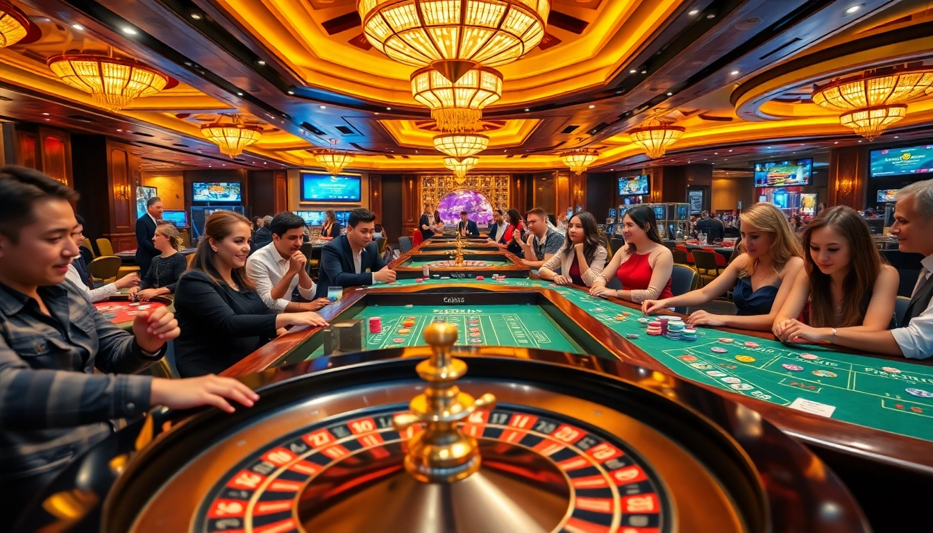 Engaging scene showcasing https://vin88a.co.com/ with thrilling casino games like roulette and poker.