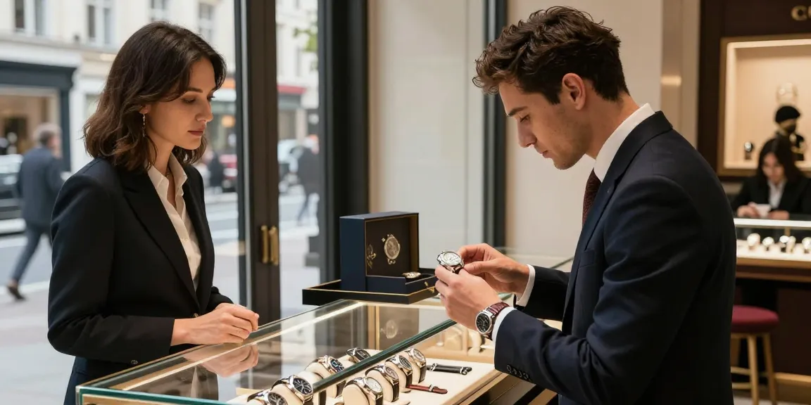 Elegant shopper exploring premium clone watches in boutique setting with luxurious displays.