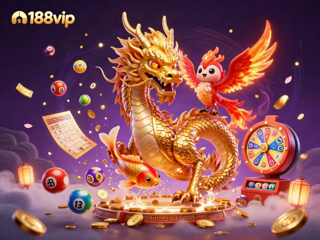 Experience the thrill of gaming with n188vip's captivating 3D casino illustration featuring mythical creatures and game elements.