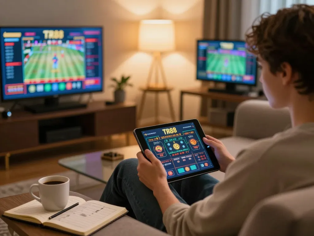 Engaging home scene featuring online gaming on TR88, illustrating responsible gambling.