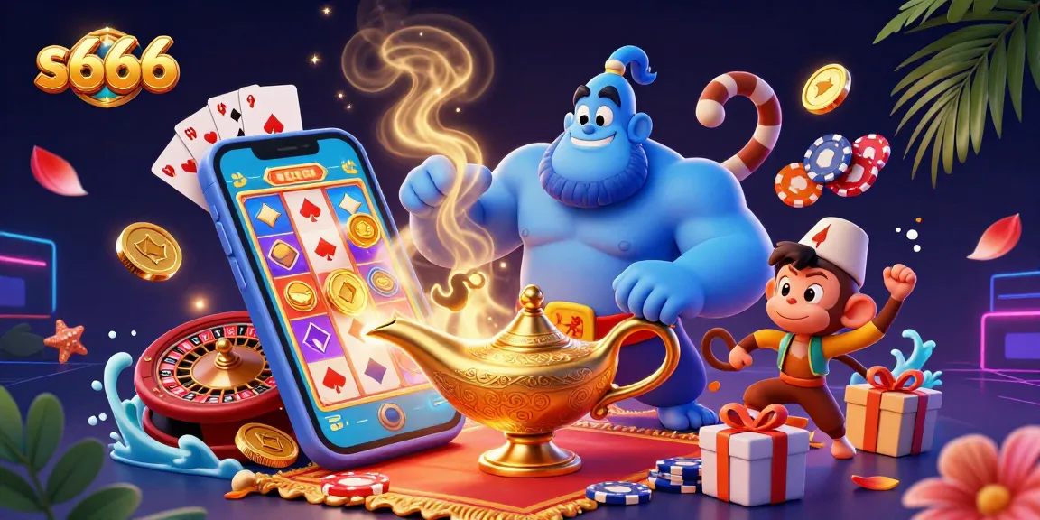 Experience the thrill of s666 with a vibrant 3D illustration showcasing a genie, monkey, and casino elements.