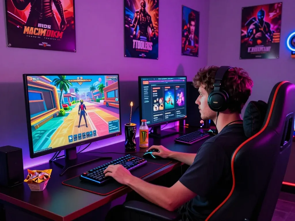 Engaged player enjoying porn games online in a vibrant gaming lounge with immersive atmosphere.