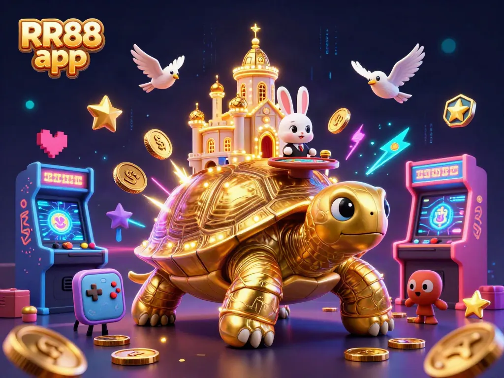 Engage with the exciting RR88 app featuring a dynamic casino scene with a golden tortoise and vibrant game elements.