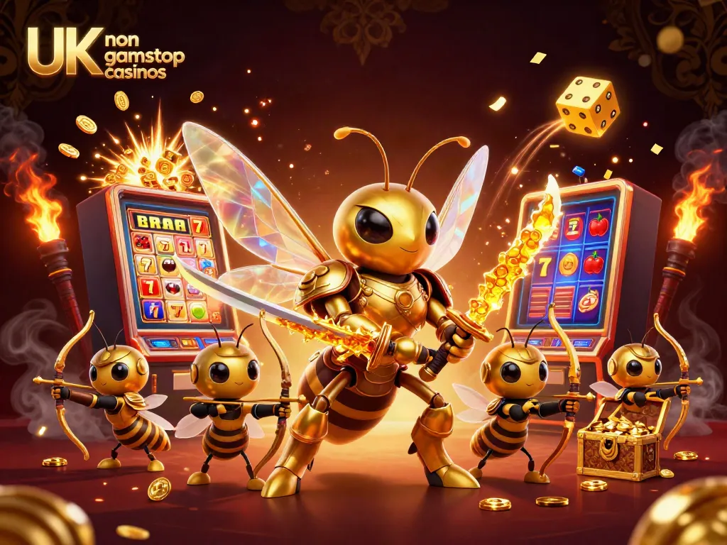 Engaging scene showcasing UK non gamstop casinos with golden hornet samurai and exciting slot machine action.