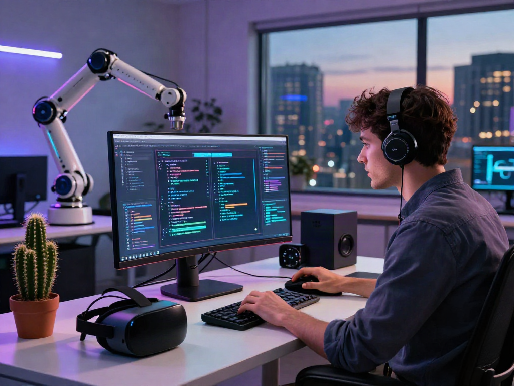 Dynamic tech workspace illustrating juicy ai in action with a developer analyzing algorithms and innovative gadgets.
