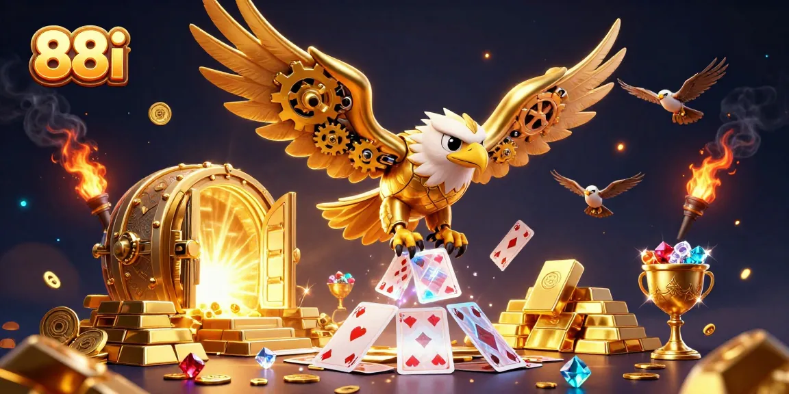 Experience thrilling wins at 88i with golden treasures, playing cards, and a majestic eagle in this vibrant illustration.