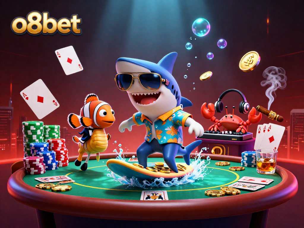Engage with the excitement of o8bet's vibrant casino scene featuring a shark, clownfish, and crab.