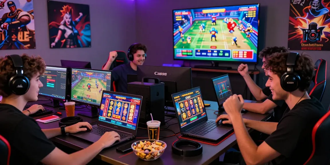 Engaging scene from https://crownnorthill.co.uk showcasing players joyfully participating in bonus buy slots, with vibrant graphics and communal excitement.