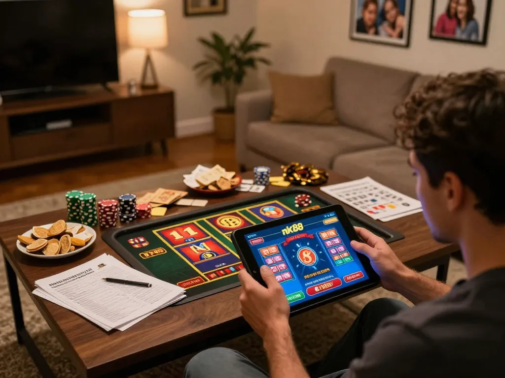 Player enjoying dynamic gaming experience on nk88 casino app in cozy home environment.