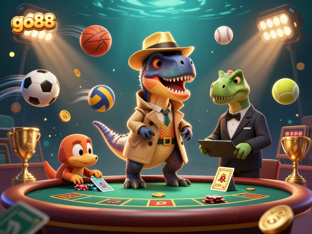 Engage with go88 in a vibrant casino scene showcasing cartoon dinosaurs at a blackjack table.