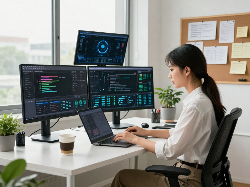 Innovative workspace with AI algorithms on screens, showcasing 18+ ai productivity environment