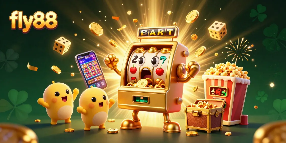 fly88 slot machine celebrates a jackpot win with coins spilling, praised by cheering baby slots.
