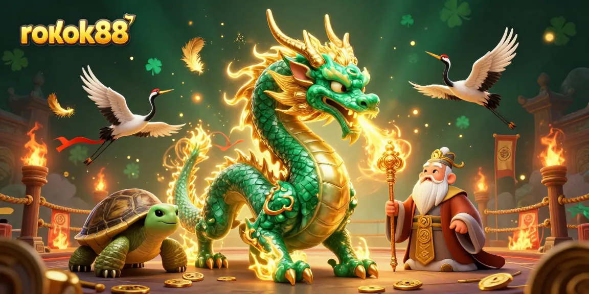Experience the thrill of rokok88 with dragons and luck symbols in an immersive 3D gambling scene.