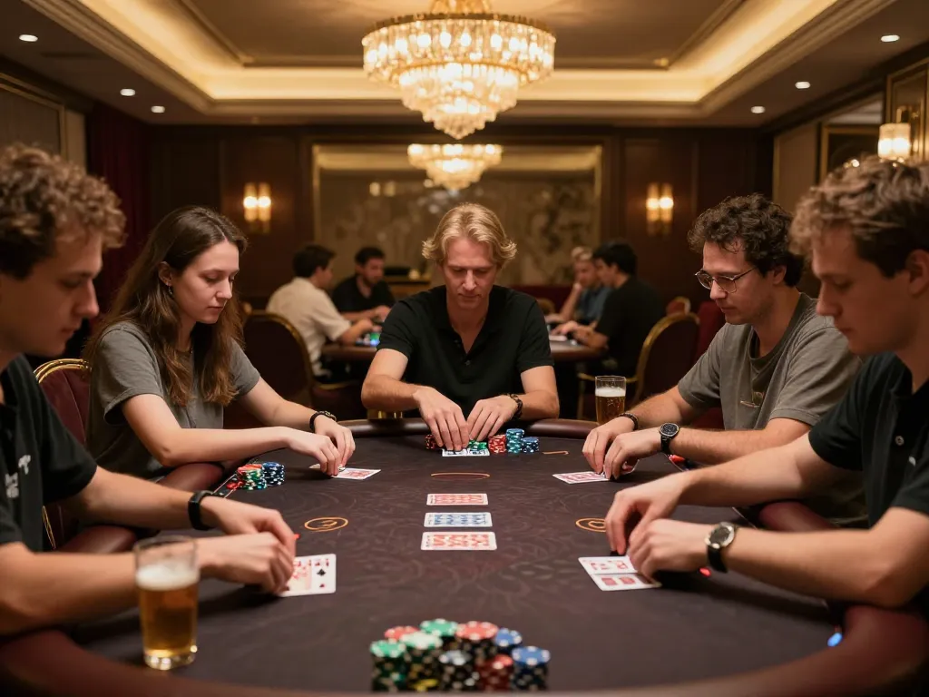 Players engaged in high-stakes poker in a VIP room, discussing 99ok lừa đảo in a strategic atmosphere.