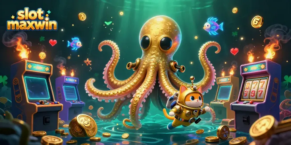 Experience the excitement of slot maxwin with a kraken and diving cat in this lively digital casino scene.