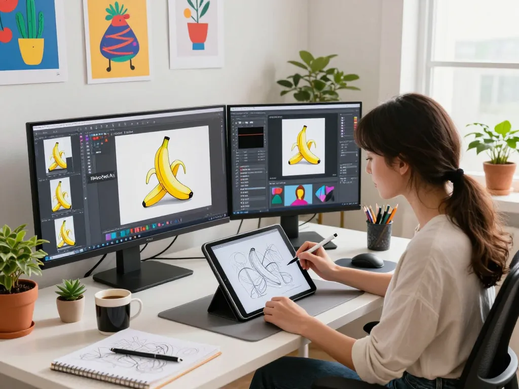 Designer using nano banana ai in a vibrant home office, showcasing creative digital workspace.